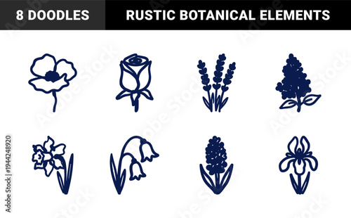 Hand-drawn botanical floral elements for organic brand identity. Rustic, naive marker sketch illustrations featuring garden flower concepts.