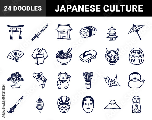 Japanese culture and tourism elements in naive doodle style. Crude marker sketch featuring sushi, ramen, origami, and traditional shrine concepts.