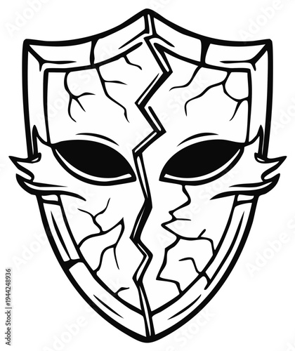 Cracked Mask Shield Illustration, Fantasy Design, Line Art