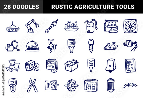 Automated hydroponics and smart farming equipment in a naive doodle style. Crude marker sketch of indoor gardening and agrotech elements.