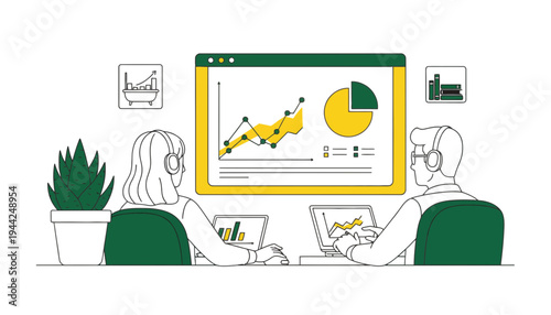 Business team analyzing data on a large computer screen illustration