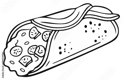 Black and white illustration of a delicious wrap with fillings