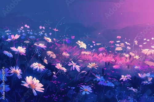 Meadow with lots of white and pink spring daisy flowers in sunny day purple backgrounds outdoors.