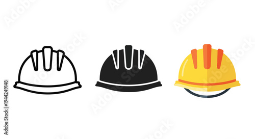 Flat Design Safety Helmet Icons Set in Black and Yellow - Minimalist, flat icon, outline, glyph, linear, clipart, sticker - Vector icon set - Glyph icon