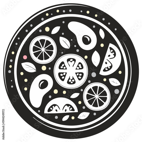 Healthy pizza illustration with avocado, lemon, tomato, and olives on a black plate.