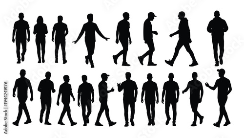 Collection of diverse human silhouettes in various walking postures and positions