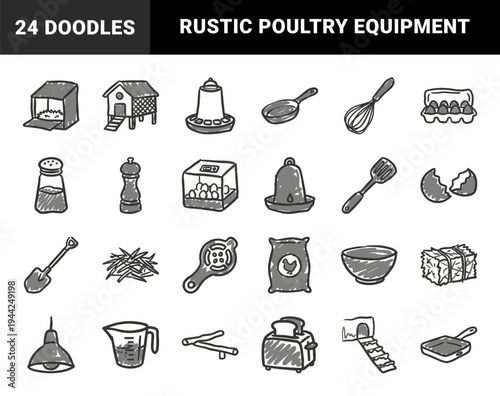 Hand-drawn chicken farming and egg preparation elements for organic branding. Rustic, naive marker sketch illustrations of poultry care and cooking.
