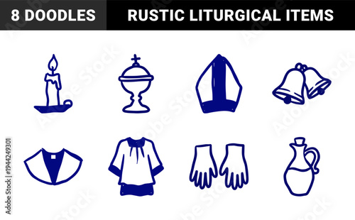 Catholic church and liturgical elements for religious brand identity. Rustic, naive marker sketch illustrations featuring clergy vestments and ritual items.