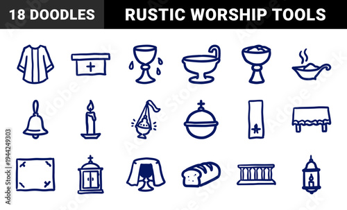 Hand-drawn liturgical and eucharistic symbols for religious branding. Rustic, naive marker sketch illustrations featuring Christian church worship elements.