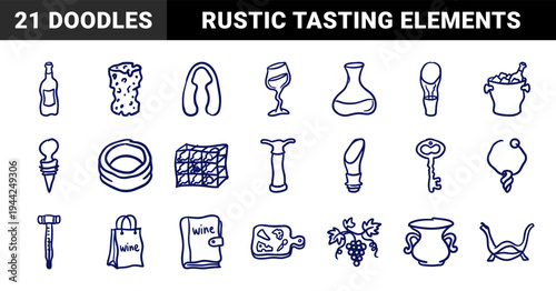 Hand-drawn wine tasting and sommelier elements for organic brand identity. Rustic, naive marker sketch illustrations featuring vineyard concepts.