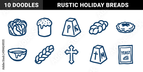 Traditional Easter baking and Orthodox holiday elements featuring Paska bread and Kulich in a rustic hand-drawn blue marker doodle style.