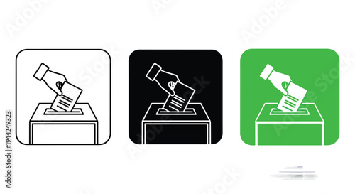 Voting Hand Dropping Ballot Icon Set Tri-Color Design - Minimalist, flat icon, outline, glyph, linear, clipart, sticker - Vector icon set - Glyph icon