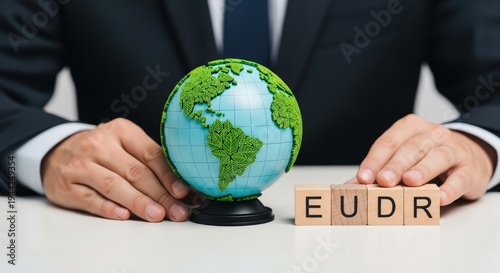 Businessman with green earth globe and eudr blocks on desk