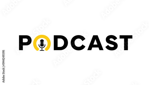 Podcast logo with microphone icon and yellow circle on white background