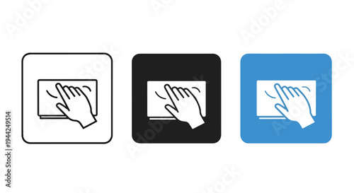 Flat Hand Touching Screen Icon Set with White, Black, Blue Frames - Minimalist, flat icon, outline, glyph, linear, clipart, sticker - Vector icon set - Glyph icon