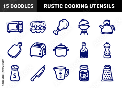 Hand-drawn kitchen tools and cooking equipment for rustic culinary branding. Naive marker sketch illustrations featuring food preparation and appliance concepts.
