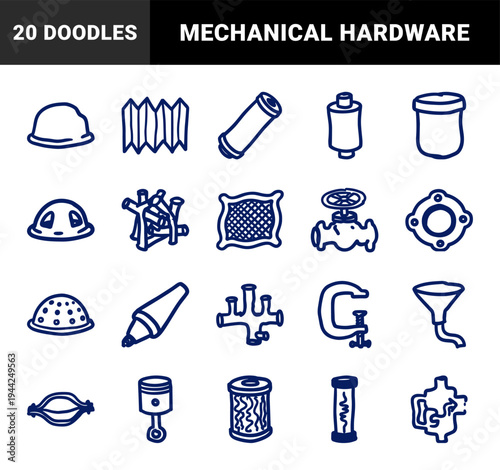 Industrial engineering and mechanical hardware elements for manufacturing brand identity. Rustic naive marker sketch illustrations featuring heavy machinery parts.