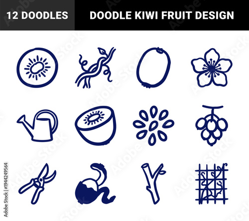 Hand-drawn kiwi fruit and gardening elements for organic branding. Rustic, naive marker sketch illustrations featuring horticulture and harvest concepts.