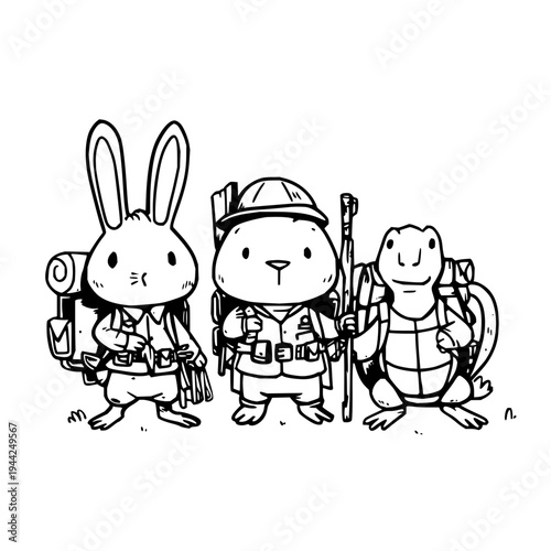 Three cartoon animals hiking with backpacks and trekking poles on a plain