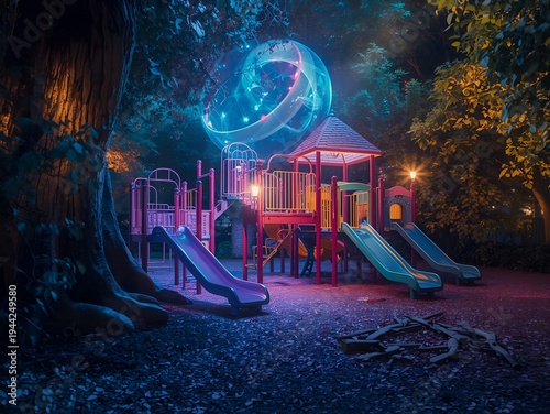 Magical glowing playground at night with surreal neon lights and slides