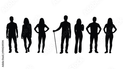 Diverse group of people silhouettes standing in a line with different poses and abilities on a white background illustration
