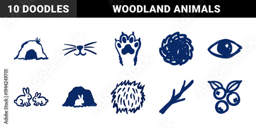 Hand-drawn rabbit and forest elements for woodland brand identity. Naive marker sketch illustrations featuring bunnies, burrows, and nature concepts.