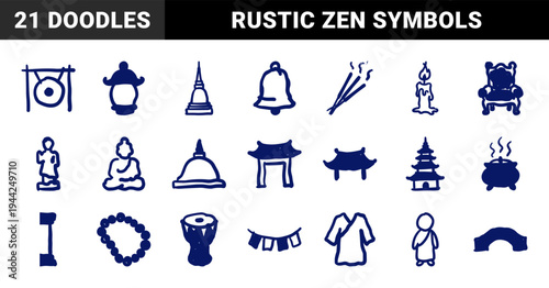 Buddhist spiritual and zen culture elements for mindful brand identity. Rustic, naive marker sketch illustrations featuring temple architecture and meditation rituals.