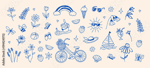 Funky hand drawn summer scrapbook elements set. Crayon grunge scribble doodle stickers. Trendy sketch  vector illustration.  