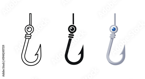 Modern Fishing Hook Icons Set with Metal Swivel Designs - Minimalist, flat icon, outline, glyph, linear, clipart, sticker - Vector icon set - Glyph icon