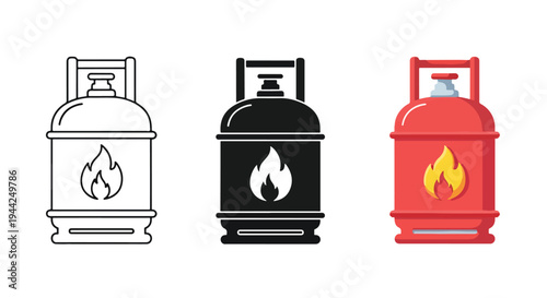 Flat Design LPG Gas Cylinder Icons Set with Fire Flame - Minimalist, flat icon, outline, glyph, linear, clipart, sticker - Vector icon set - Glyph icon