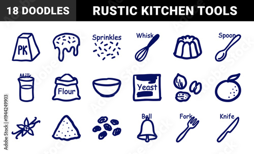 Rustic hand-drawn baking and kitchen elements for organic food branding. Naive marker sketch illustrations featuring culinary ingredients and tools.