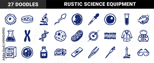 Hand-drawn biology and laboratory research elements for academic branding. Naive marker sketch illustrations featuring life science and IVF concepts.