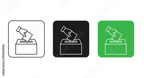 Minimalist Voting Ballot Box Icon Set with Hand - Minimalist, flat icon, outline, glyph, linear, clipart, sticker - Vector icon set - Glyph icon