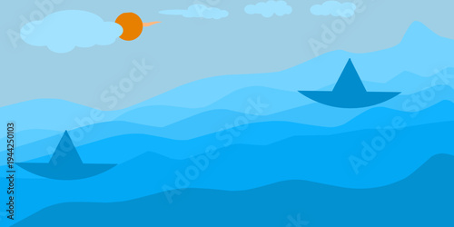 Illustration of blue waves with clouds. Blue gradient ocean background.