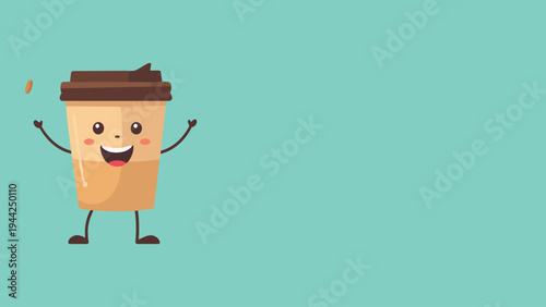 Cute smiling coffee cup mascot vector illustration with happy cartoon takeaway coffee character, funny cafe beverage mascot with arms and legs isolated on green background flat design.