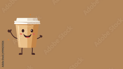 Cute smiling takeaway coffee cup mascot vector illustration, happy cartoon coffee character with arms and legs, funny cafe beverage icon isolated on brown background in flat design style.