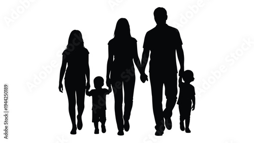A silhouette of a family of five walking together hand in hand on a white background