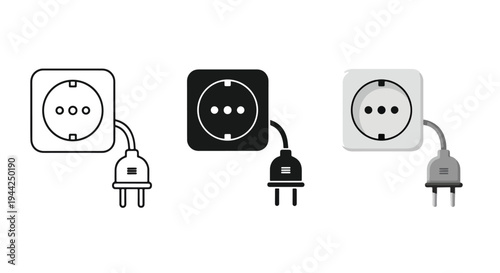 Modern European Plug Socket Icon Set with Cables - Minimalist, flat icon, outline, glyph, linear, clipart, sticker - Vector icon set - Glyph icon
