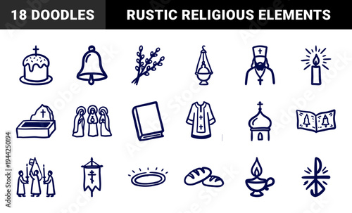 Hand-drawn Orthodox Easter and Christian liturgical elements in a rustic naive doodle style. Minimalist marker sketch illustrations for religious branding.