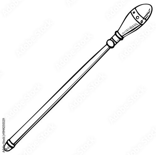 Ink drawing of a wooden spear with ornate handle
