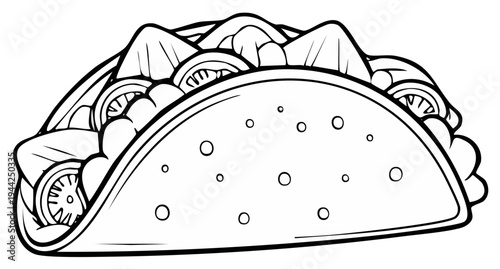 Black and white illustration of a delicious taco with vegetables.