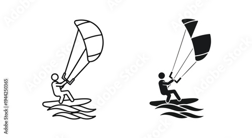 Minimalist Kitesurfing and Windsurfing Icon Set for Sports - Minimalist, flat icon, outline, glyph, linear, clipart, sticker - Vector icon set - Glyph icon