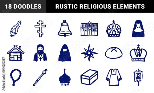 Orthodox Christian religious symbols and clergy characters in a rustic hand-drawn doodle style. Naive marker sketch illustrations for spiritual branding.