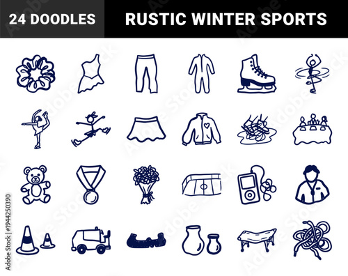 Ice skating and winter sports hand-drawn elements for rink branding. Naive marker sketch illustrations featuring figure skating equipment and competition symbols.