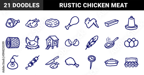 Hand-drawn poultry farming and chicken meat production elements for organic branding. Rustic naive marker sketch illustrations of livestock and food.