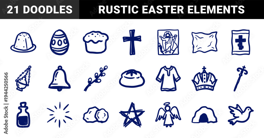 Naklejka premium Orthodox Easter and Christian religious elements in naive doodle style. Crude marker sketch featuring cross, angel, dove, and traditional food.