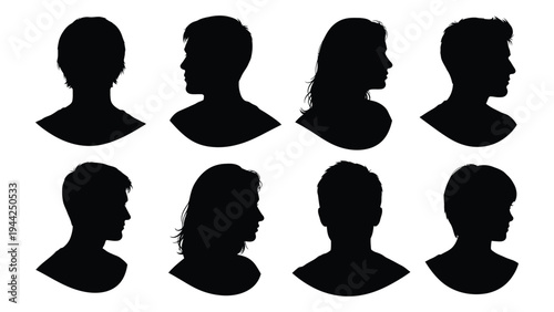 A collection of eight black silhouettes of human profiles in two rows on a white background representing diverse individuals