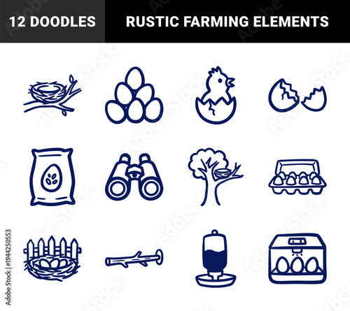 Hand-drawn poultry farming and egg production elements for rustic brand identity. Naive marker sketch illustrations featuring chicken coop and hatchery concepts.