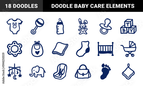 Hand-drawn baby nursery essentials and newborn care elements. Rustic naive marker sketch illustrations for organic branding and parenting blog design.