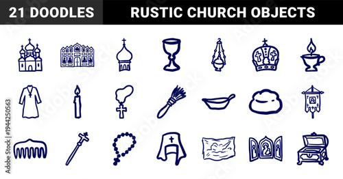 Orthodox Christian religious elements in naive doodle style for church branding. Crude marker sketch featuring cathedral, cross, and liturgy objects.